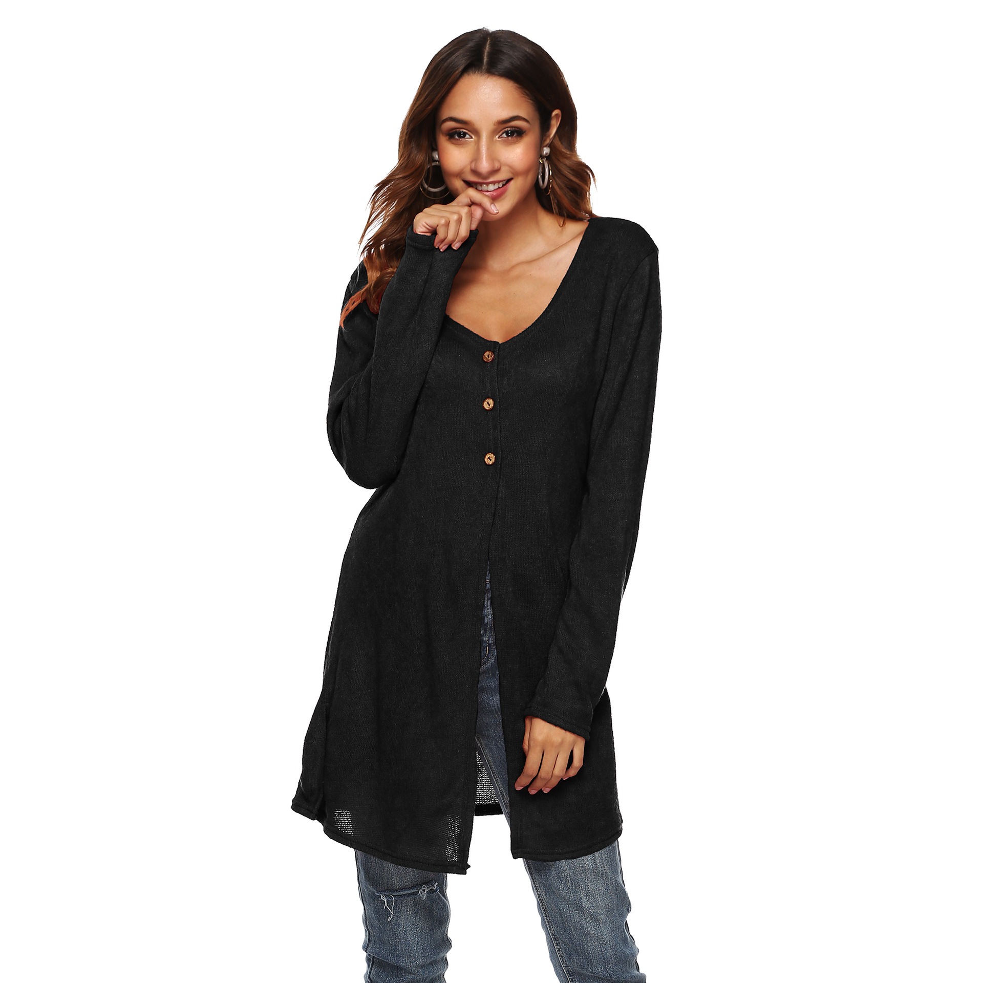 국경 유럽과 미국의 가을, 겨울 여성 의류 불규칙한 하이 슬릿 가디건 섹시한 티셔츠 탑 재킷 A1318