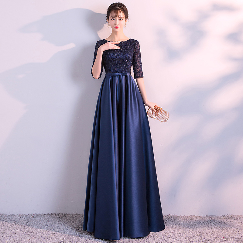 Long Cantata Banquet Evening Dress 2024 New Summer Elegant Dignified Navy Blue Dress Graduation