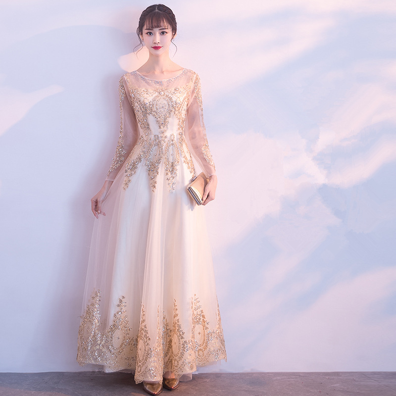 Elegante vestido de noche dorado para mujer, nuevo modelo 2026, vestido de manga larga digno y elegante para reunión anual de empresa, corte ajustado y estilo largo.