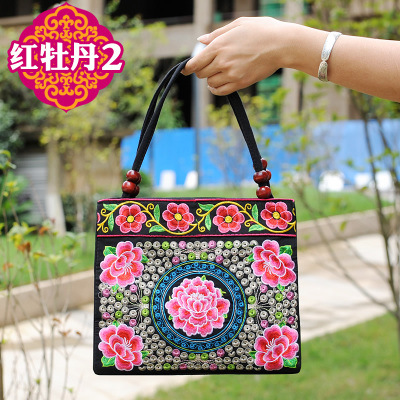 2024 nuevo bolso de cuentas de madera de doble capa portátil de mediana edad y ancianos bolso de bordado de estilo étnico bolso de lona portátil de un solo hombro bordado