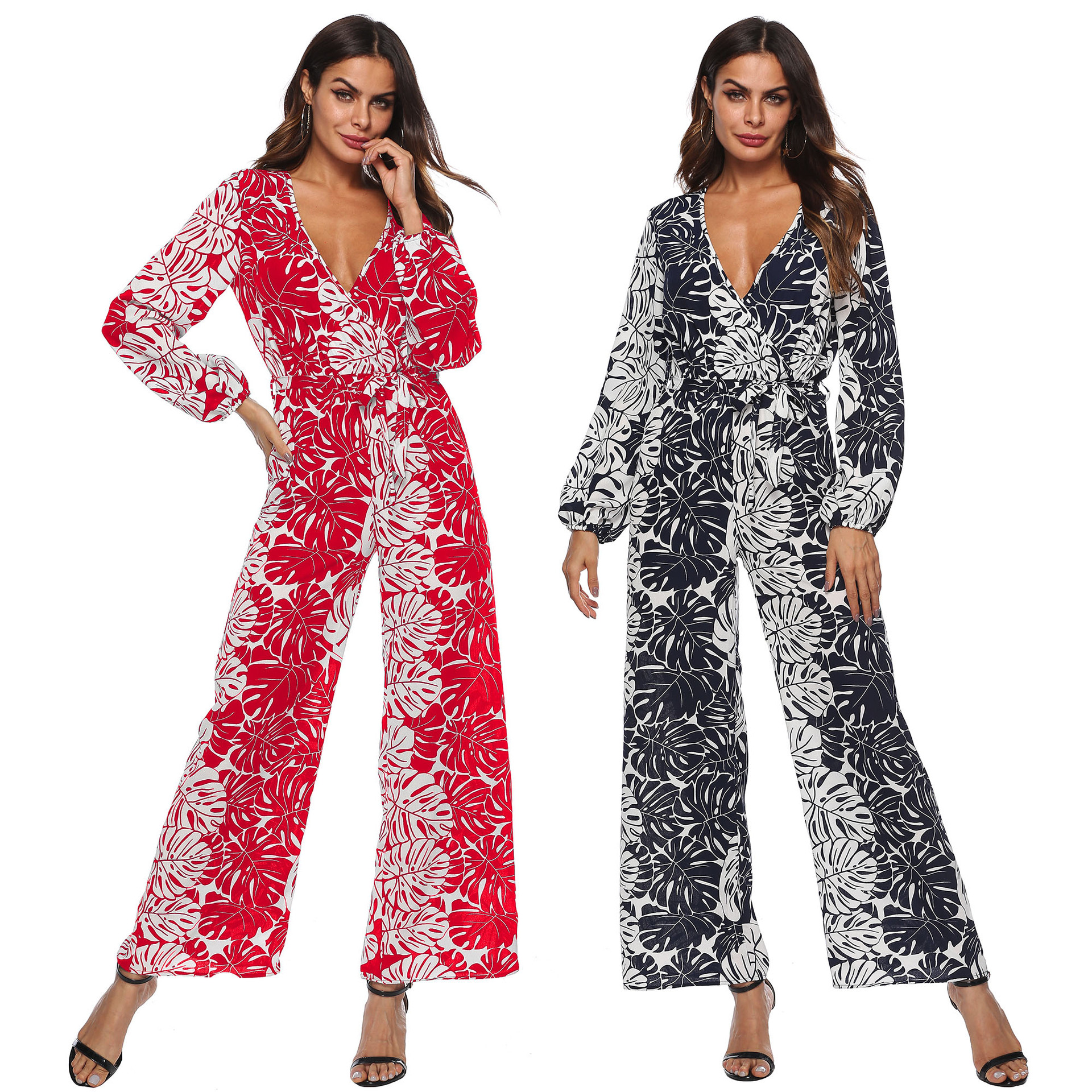 Chiffon Printed Long Sleeve Wide Leg Jumpsuit Deep V Neck Tie Waist Elegant Design Perfect for Spring Summer Events