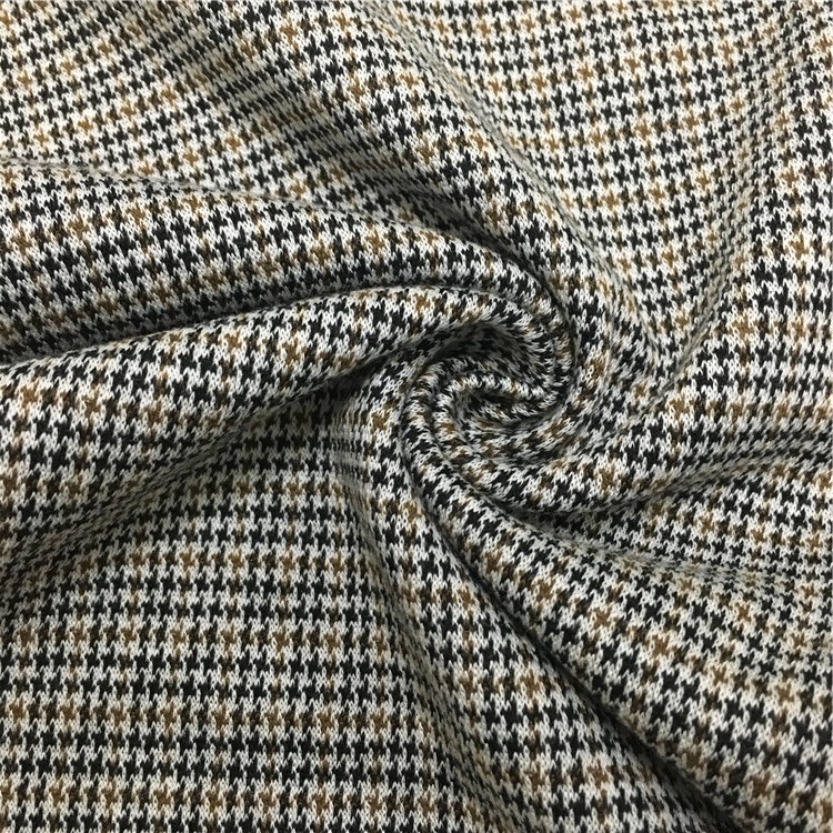 厂家供应针织TR三色小千鸟格 涤人棉千鸟格提花面料