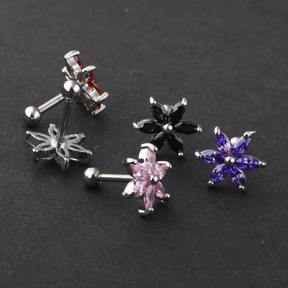 Acrylic Zircon Six-Petal Stud Earring for Cartilage Piercing - 316L Surgical Steel Post detail image 10