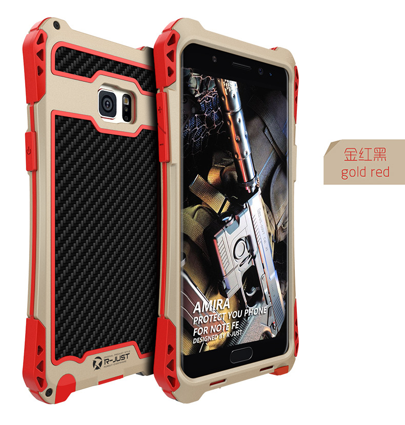 R-Just Amira Heavy Duty Dirtproof Shockproof Rainproof Aluminum Metal Bumper Carbon Fiber Back Cover Case for Samsung Galaxy Note FE / Note 7 N9300