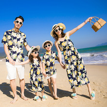 2022新款親子裝全家裝情侶裝沙灘裙度假母女連衣裙夏威夷襯衣花朵
