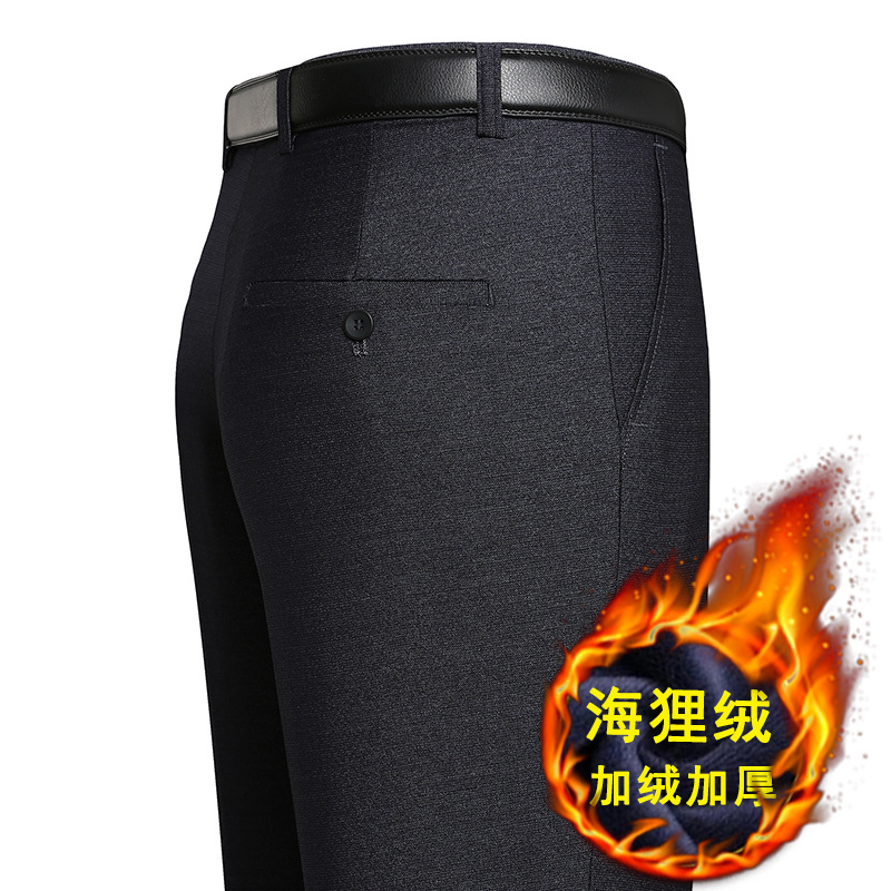 Pantalones de traje forrados de lana para hombres de otoño pantalones de traje gruesos sueltos de cintura alta de negocios rectos pantalones de traje formal de mediana edad para hombres image 15