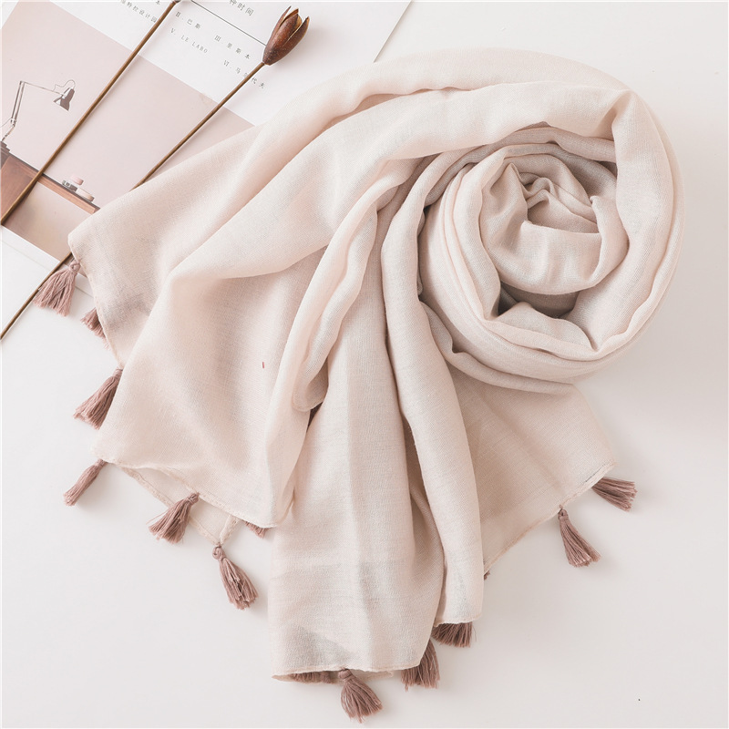 Solid Color Nude Powder Shiny Tassel Cotton Linen Scarf Shawl Long Scarf Silk Sunscreen Shawl display picture 14