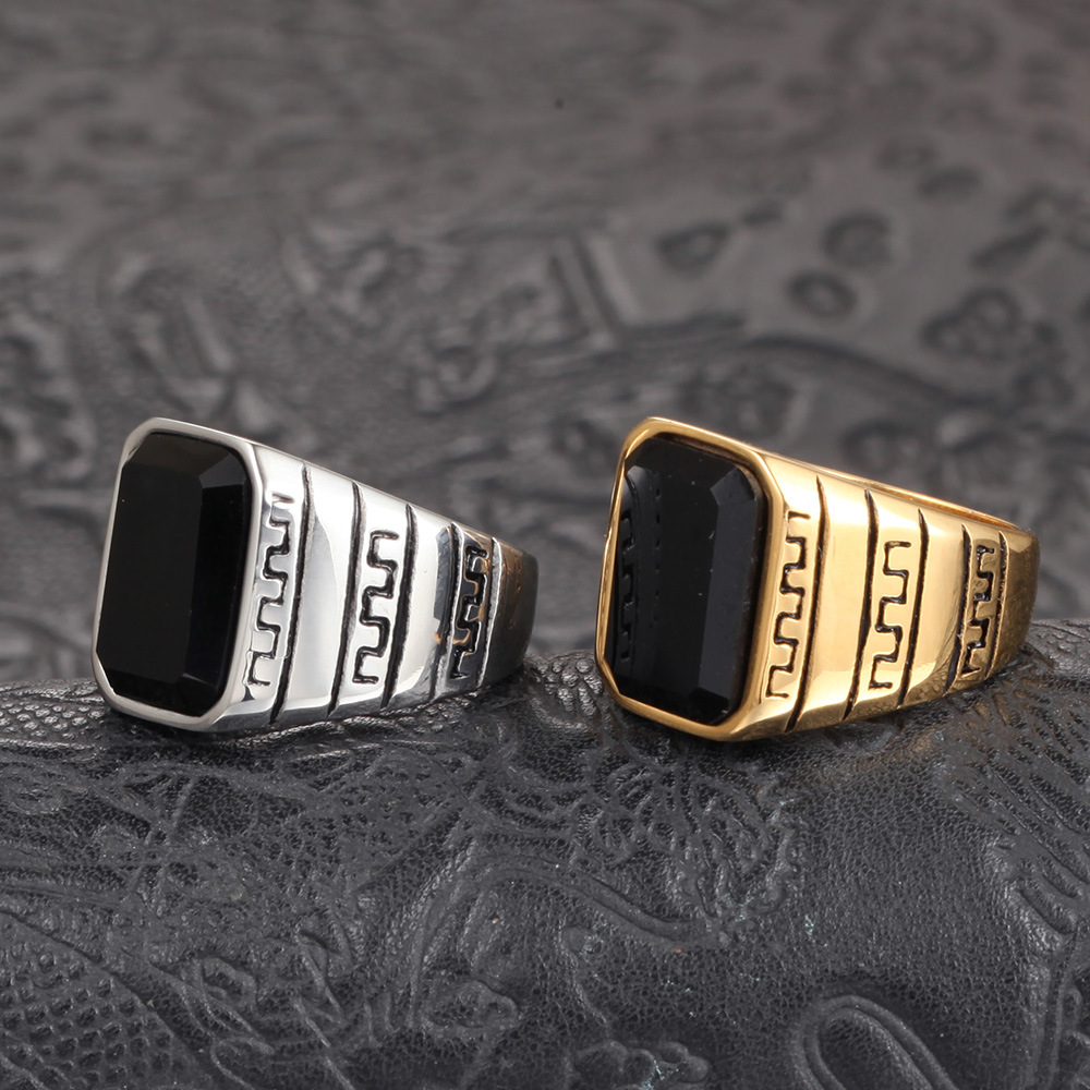 Stainless Steel Material Hip-hop Rock Streetwear Geometric Stainless Steel Inlay Artificial Gemstones Men's Wide Band Ring