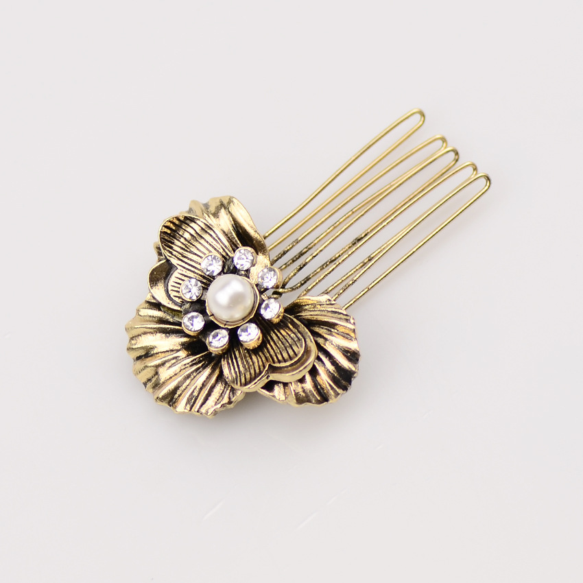 New Retro Diamond Hair Comb Inserted Comb Leaves Pearl Fashion Hairpin Wholesale display picture 6