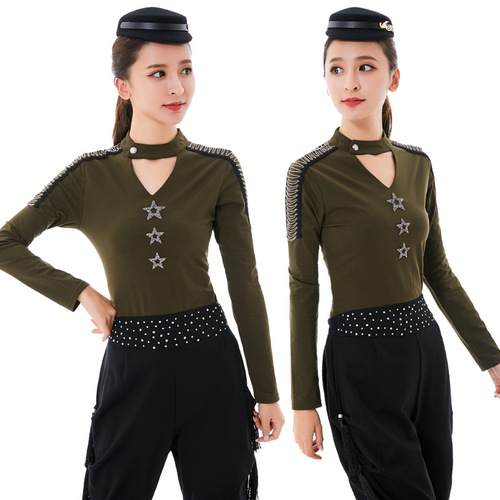 Navy Blue Cotton Long-Sleeve Women's Suite for Square Dance Performance - New Arrival Autumn Fashion Solid Color Uniform Dance Costume