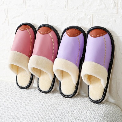 2019新款棉拖鞋男 情侣保暖PU皮革家居木地板月子棉拖鞋女批发