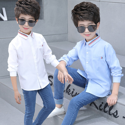 童裝新款韓版兒童襯衫 2019春季男童襯衣純色 潮款翻領寶寶襯衫