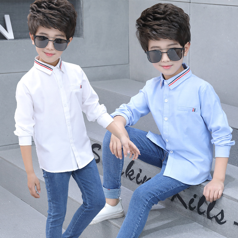 童裝新款韓版兒童襯衫 2019春季男童襯衣純色 潮款翻領寶寶襯衫