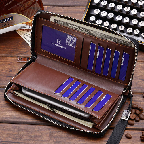Elegant Men's Wallet Leather Card Holder Business Handbag Long Zipper Money Clip Velvety Texture Large Capacity Hand Carry Bag Trend Wholesale