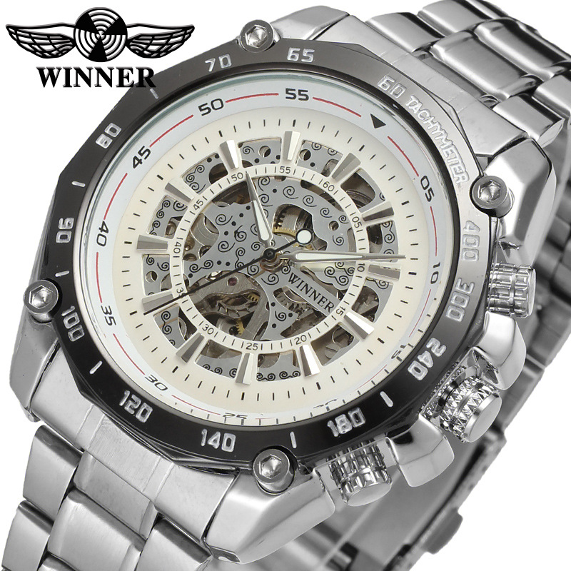 Venta caliente de los hombres de T-WINNER427 casual reloj mecánico automático hueco-fuera de la correa de acero inferior transparente reloj de negocios mecánico