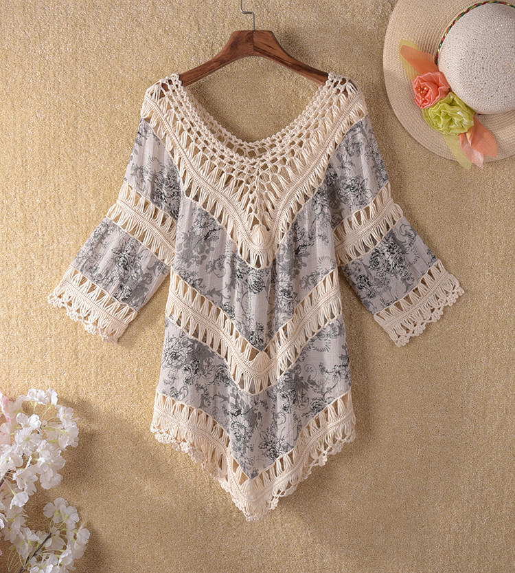 2018新款针织手勾防晒衫不规则下摆V领镂空宽松棉麻沙滩罩衫