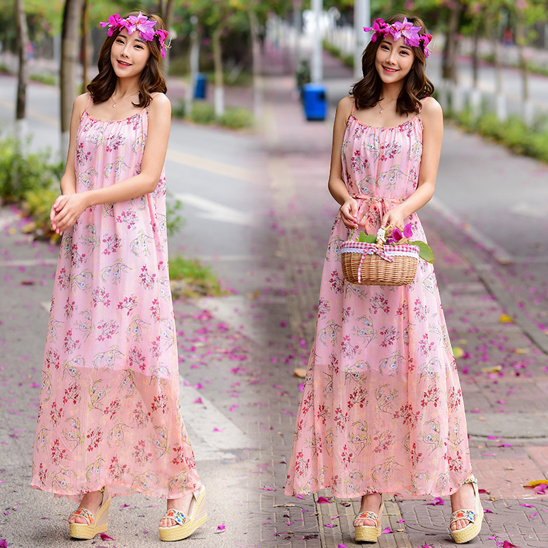 2018年夏女装新款真丝连衣裙吊带七彩沙滩裙长裙送腰带