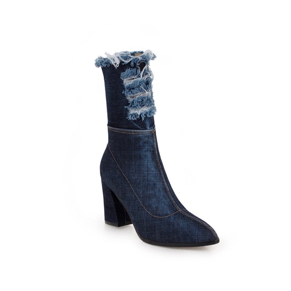 Foreign trade fashion pointed thick heel side zipper middle tube denim boots