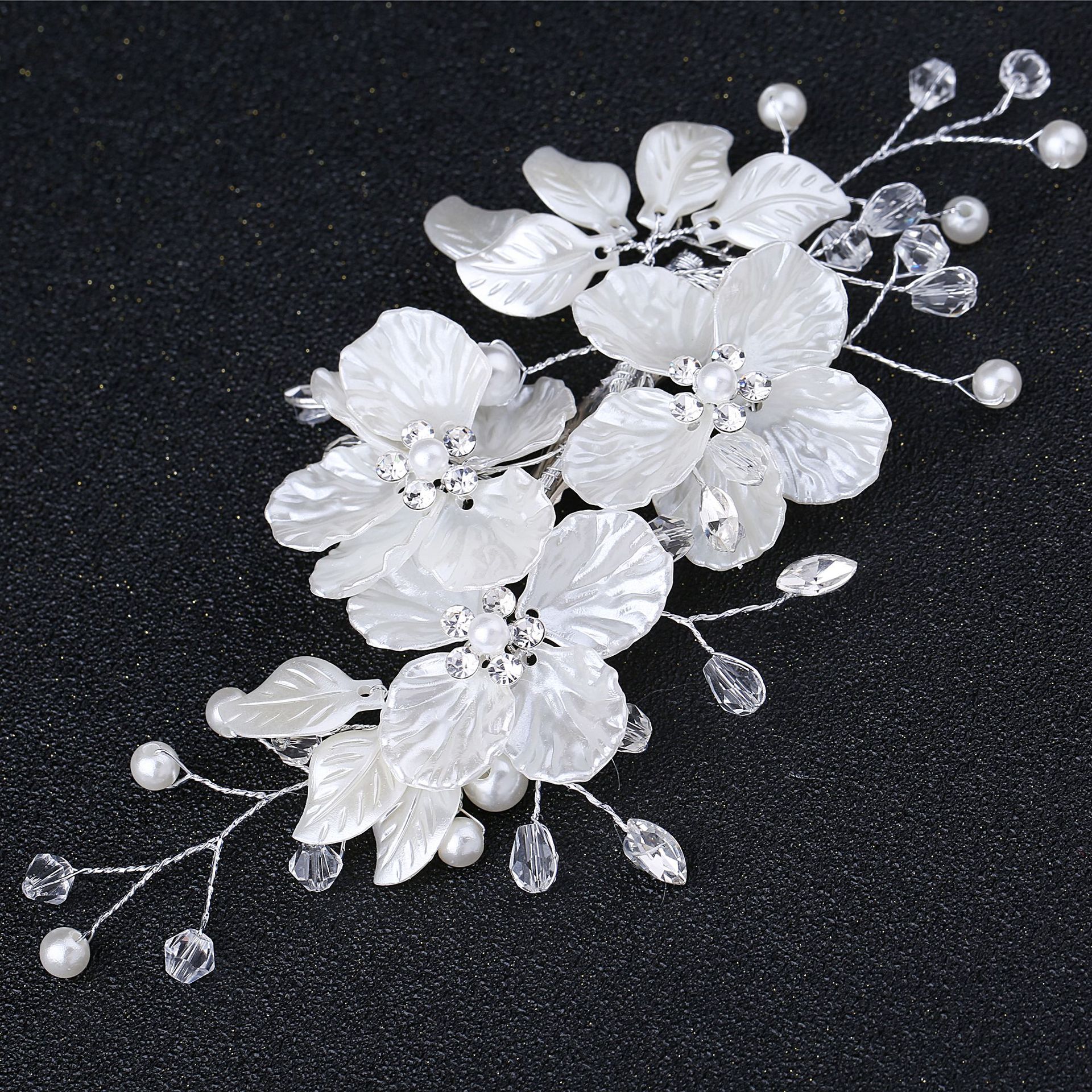 bride wedding white shell petals handmade pearl crystal hairpin headwear