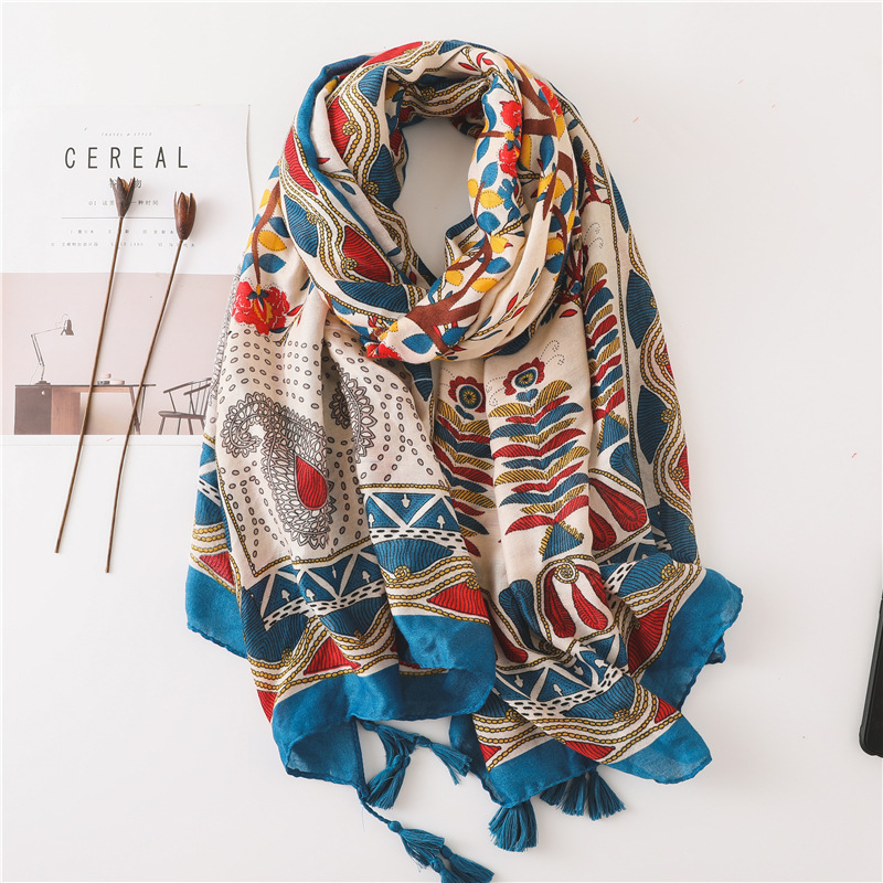 Sun Shawl Women Summer National Style Cotton And Linen Silk Scarf Printing Tassel Tulle Travel Beach Towel Sunshade Scarf display picture 69