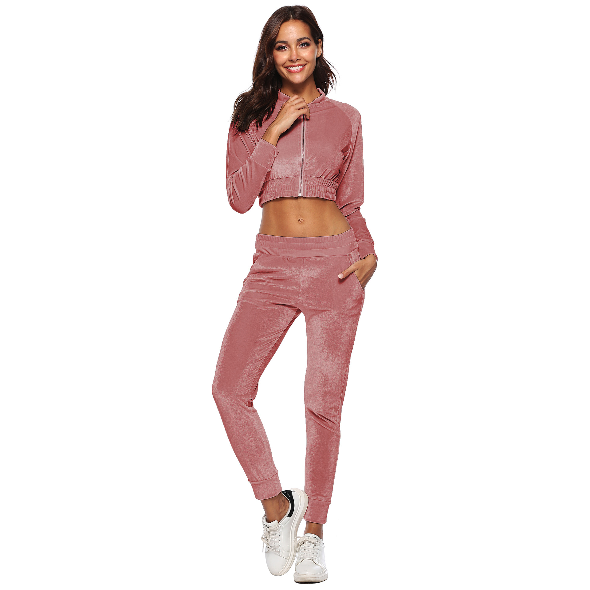 Conjunto de pantalón y top corto de terciopelo con cremallera NSOY45936