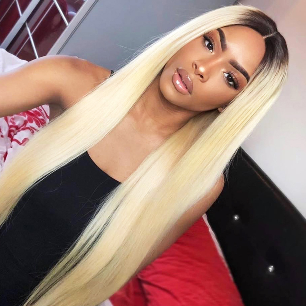 Black Women Long Straight Synthetic Lace Front Wigs Ombre Blonde
