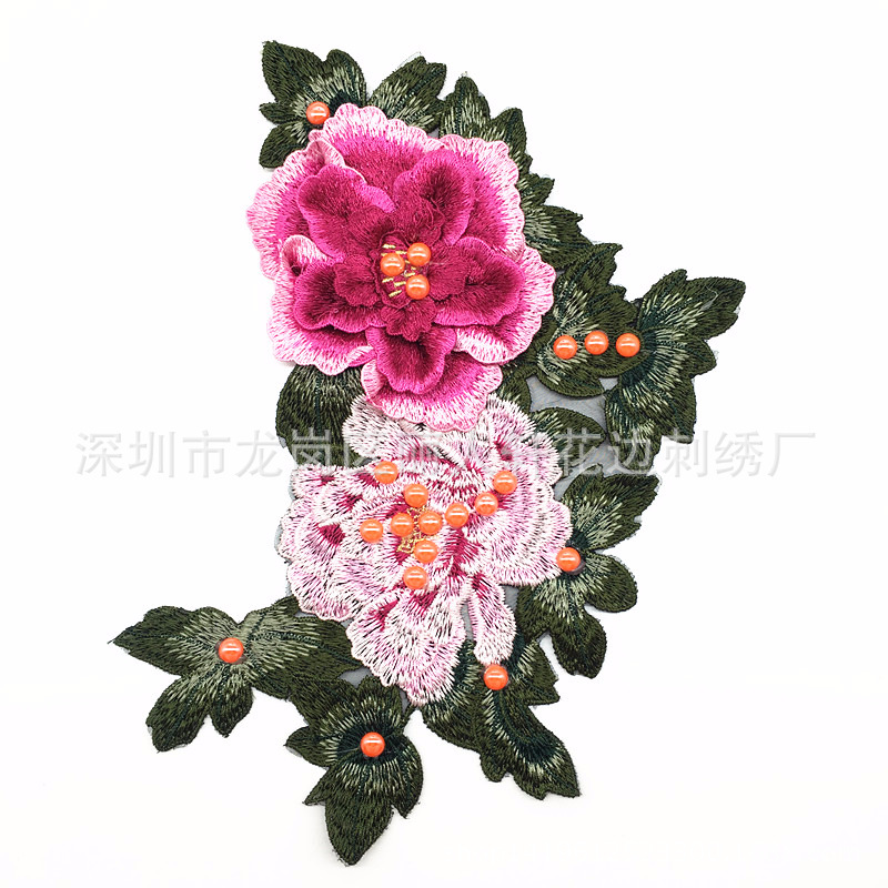 新款加珠服装辅料多色民族风刺绣花边布贴立体花朵衣服丁热熔牡丹