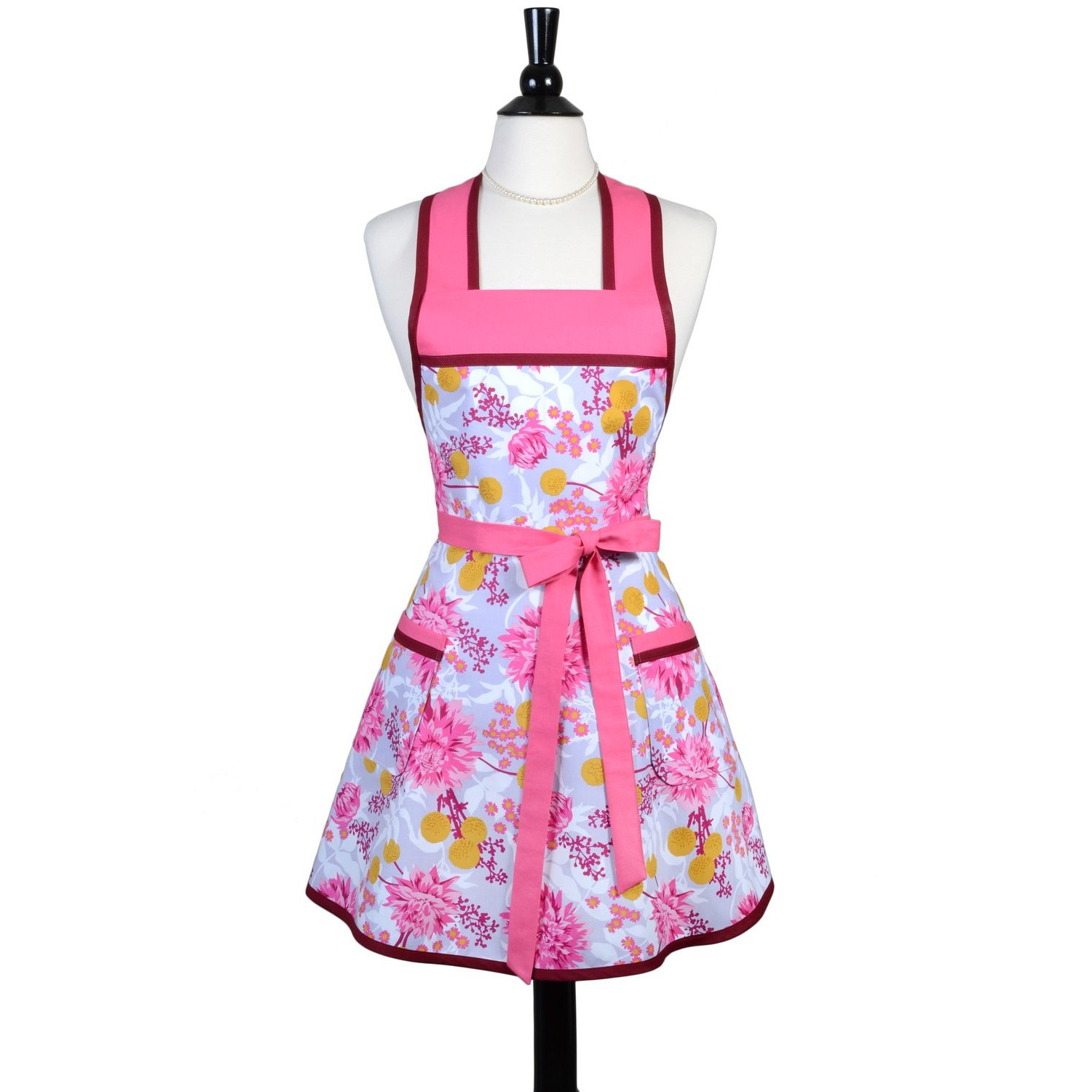 玉兰花复古围裙粉色围裙纯棉围裙防污有口袋家用工作可