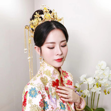 新款新娘中式古裝結婚頭飾復古金魚串珠發飾鳳冠禮服頭冠發冠配飾