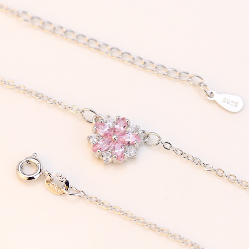 Cherry Blossom Diamond Crystal Necklace for Women - Korean Style Short Pendant Necklace with Sweet Pink and Forest System Design