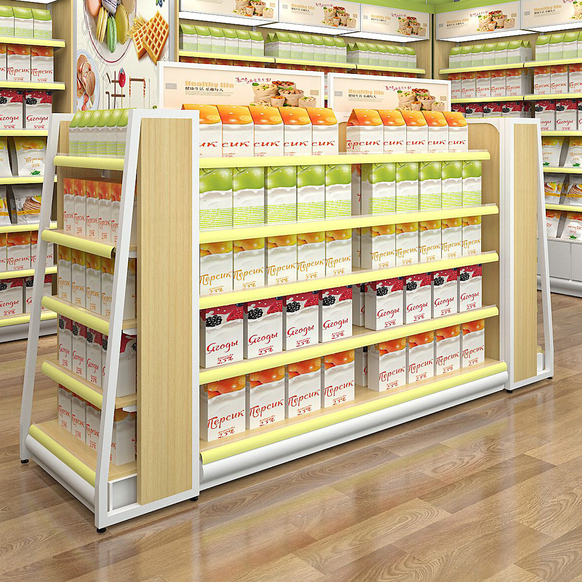 广州汇承新款钢木双面超市货架 超市零食便利店货架展示架定制