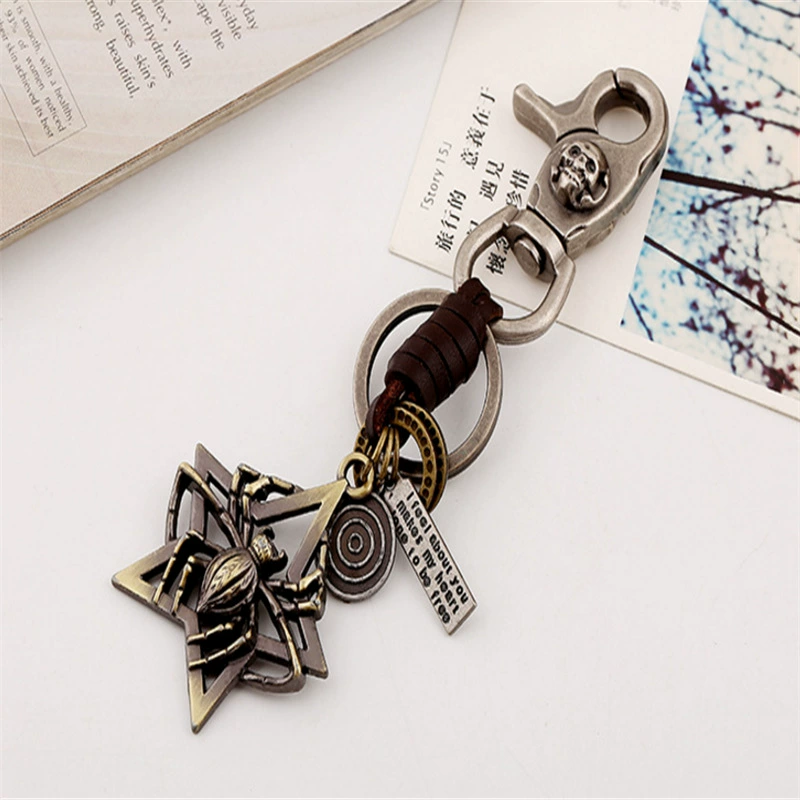 Metal accessory, retro woven leather keychain, European style, punk style, genuine leather