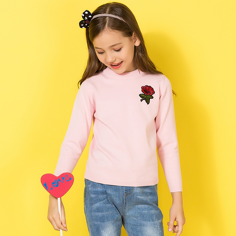 2020秋冬新款玫瑰刺绣圆领女童针织衫儿童套头亚马逊货源童装工厂|ru