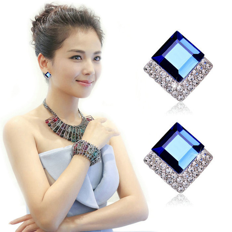 银逸气质蓝色方块耳环高贵简约仿水晶耳环菱形耳钉女潮韩版配饰品
