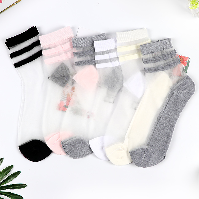 純簡單條紋系列中筒玻璃絲襪透明吸汗防滑棉底水晶絲女襪廠家批發