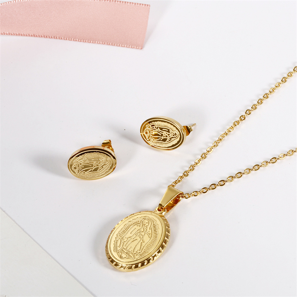 fashion titanium steel Virgin Mary oval pendent necklace earrings set wholesale Nihaojewelry