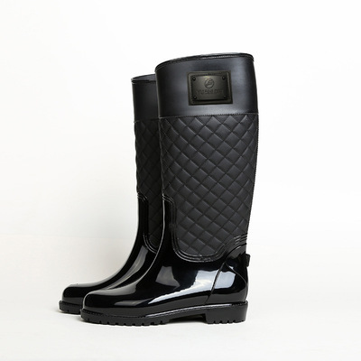 新款雨鞋欧美时尚高筒胶鞋菱形格子优雅低跟雨靴加厚耐磨防滑水鞋|ru