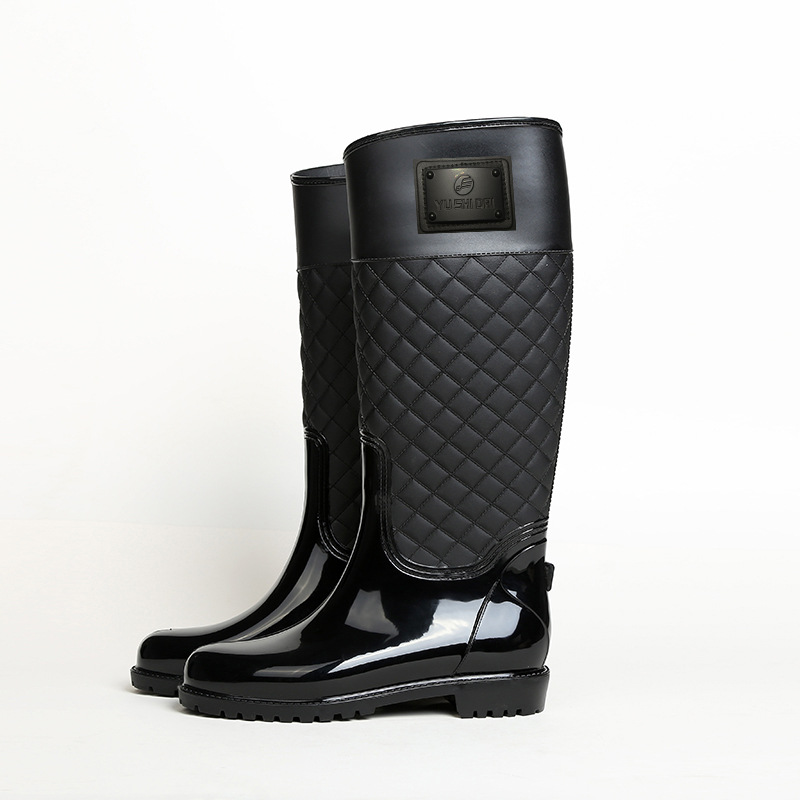 新款雨鞋欧美时尚高筒胶鞋菱形格子优雅低跟雨靴加厚耐磨防滑水鞋|ru