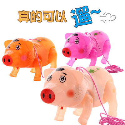 兒童電動牽繩音樂燈光豬 聲光會走路小萌豬手提燈籠 地攤熱賣玩具