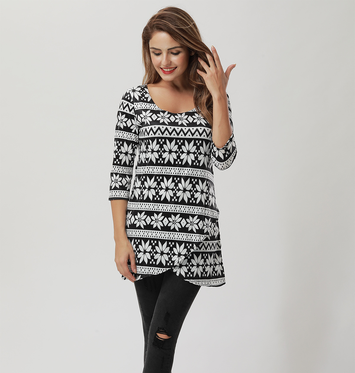 Floral Print A Line Mini Dress Three Quarter Sleeve Spring Style Casual Wear Wholesale Available