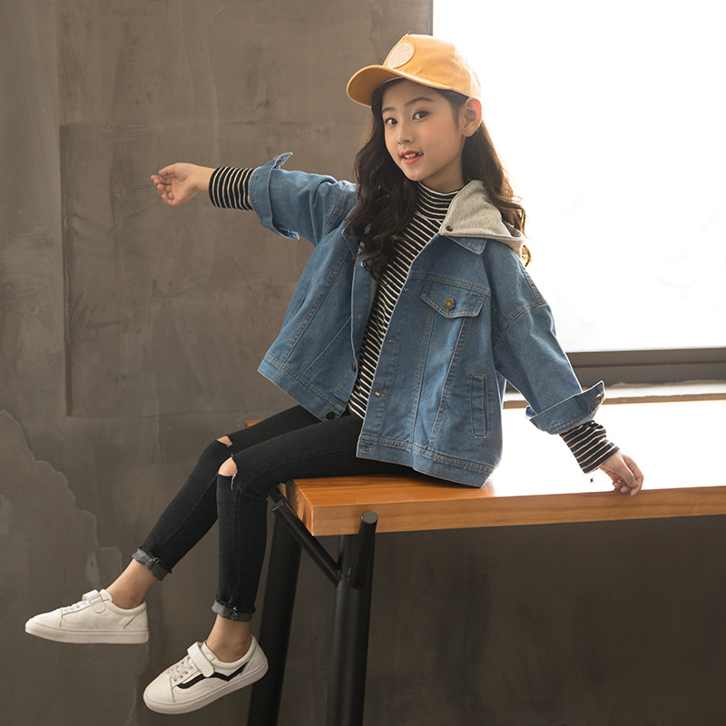 2018 Autumn new pattern Children's clothing girl Korean Edition Easy Chaqueta Solid Knitted hat Detachable Two wear