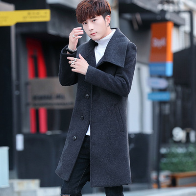 大衣男风衣中长款韩版修身秋冬季呢子外套男士潮休闲加厚男装妮子|ms