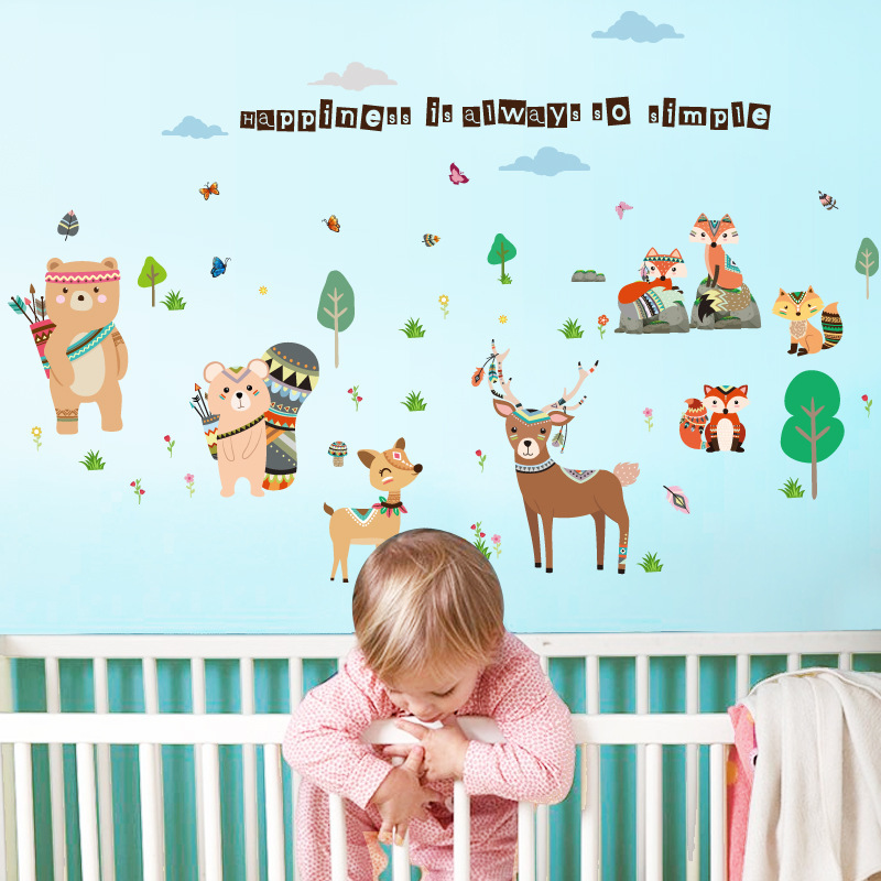 新款SK9205 可爱动物小鹿小熊墙贴纸 儿童房幼儿园装饰背景墙贴