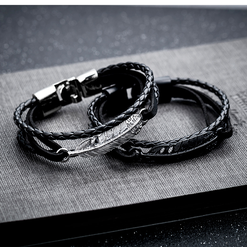 Retro Black Multi-layer Hand-woven Feather Leather Bracelet display picture 2