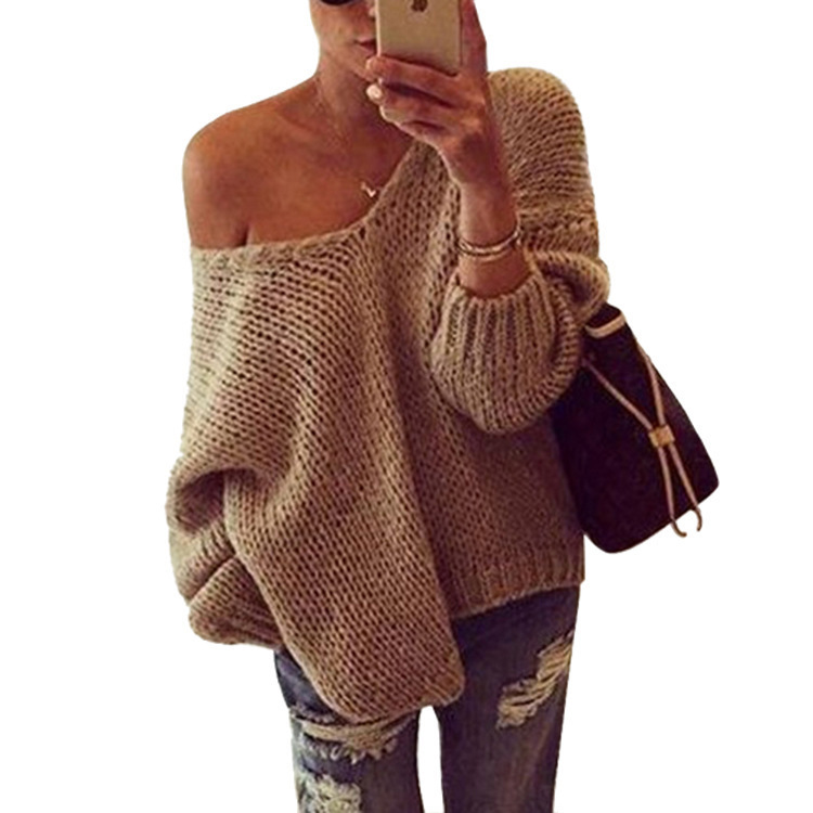 Suéter de Punto para Mujer, Otoño/Invierno 2025, Éxito de Ventas en Amazon, Estilo Europeo y Americano, Casual, Color Sólido, Cuello en V Profundo, Hombros Descubiertos, Espalda Descubierta