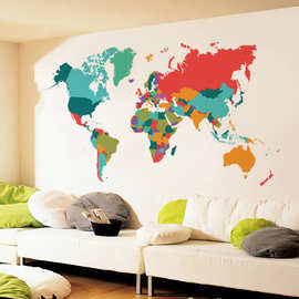 个性world map环保客厅卧室背景墙装饰贴画 彩色墙贴自粘【1042】