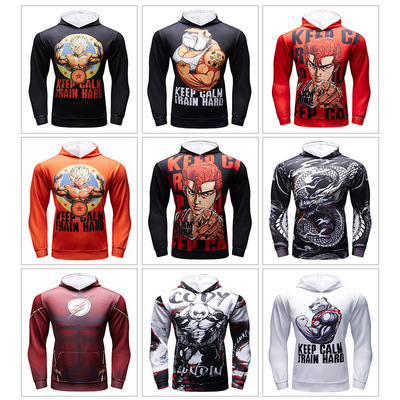 跨境欧美 运动健身个性卫衣男士运动休闲连帽跑步个性3D图案长袖|ms