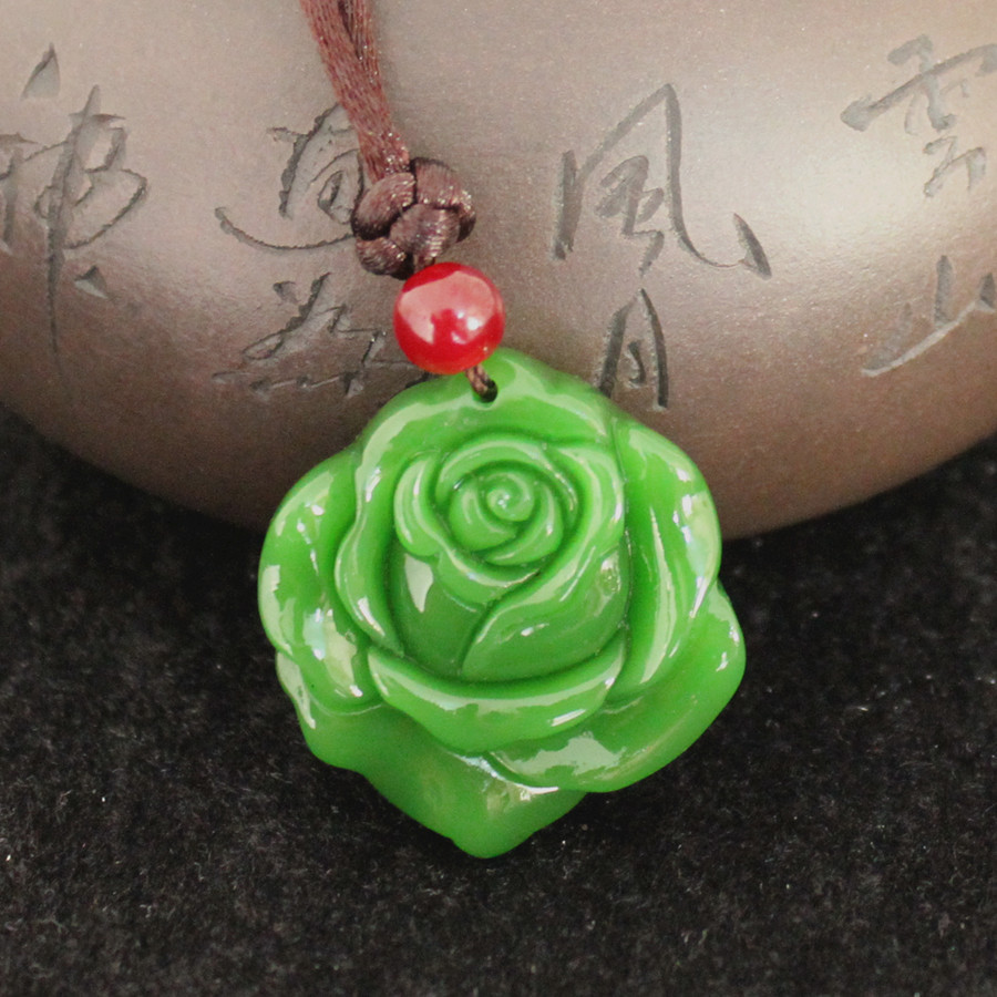 正品新疆和田玉碧玉玫瑰花玉吊坠 白玉牡丹花女款吊坠玉坠项链