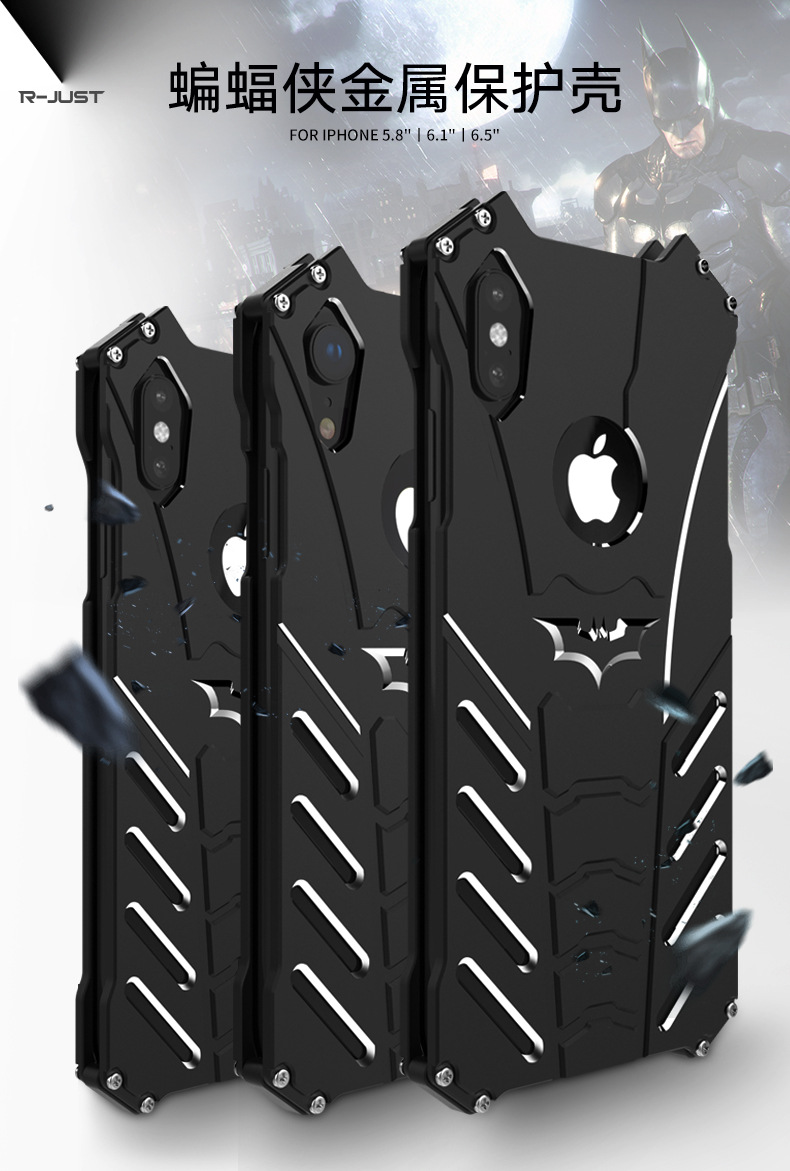 R-Just Batman Shockproof Aluminum Shell Metal Case with Custom Batarang Stent for Apple iPhone XS Max & iPhone XR & iPhone XS