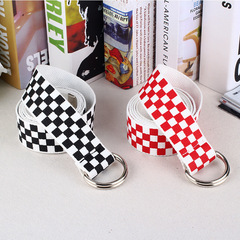 New Nylon Canvas Belt Student Style Fashionable Matchable Pants Belt with Double Ring Buckle and Checkered Print Denim Belt